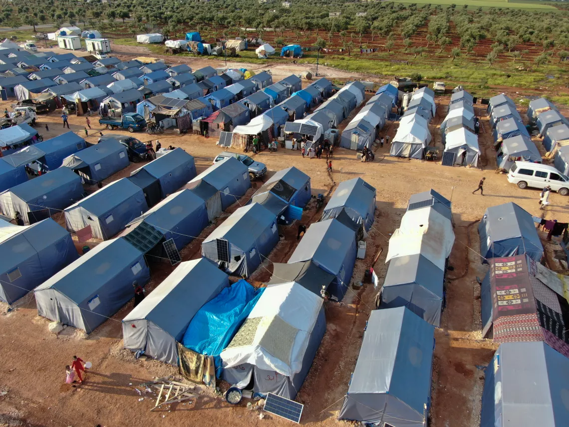 On 29 April 2020 in the Syrian Arab Republic, an aerial view of Akrabat camp for displaced persons, near the border with Turkey. 