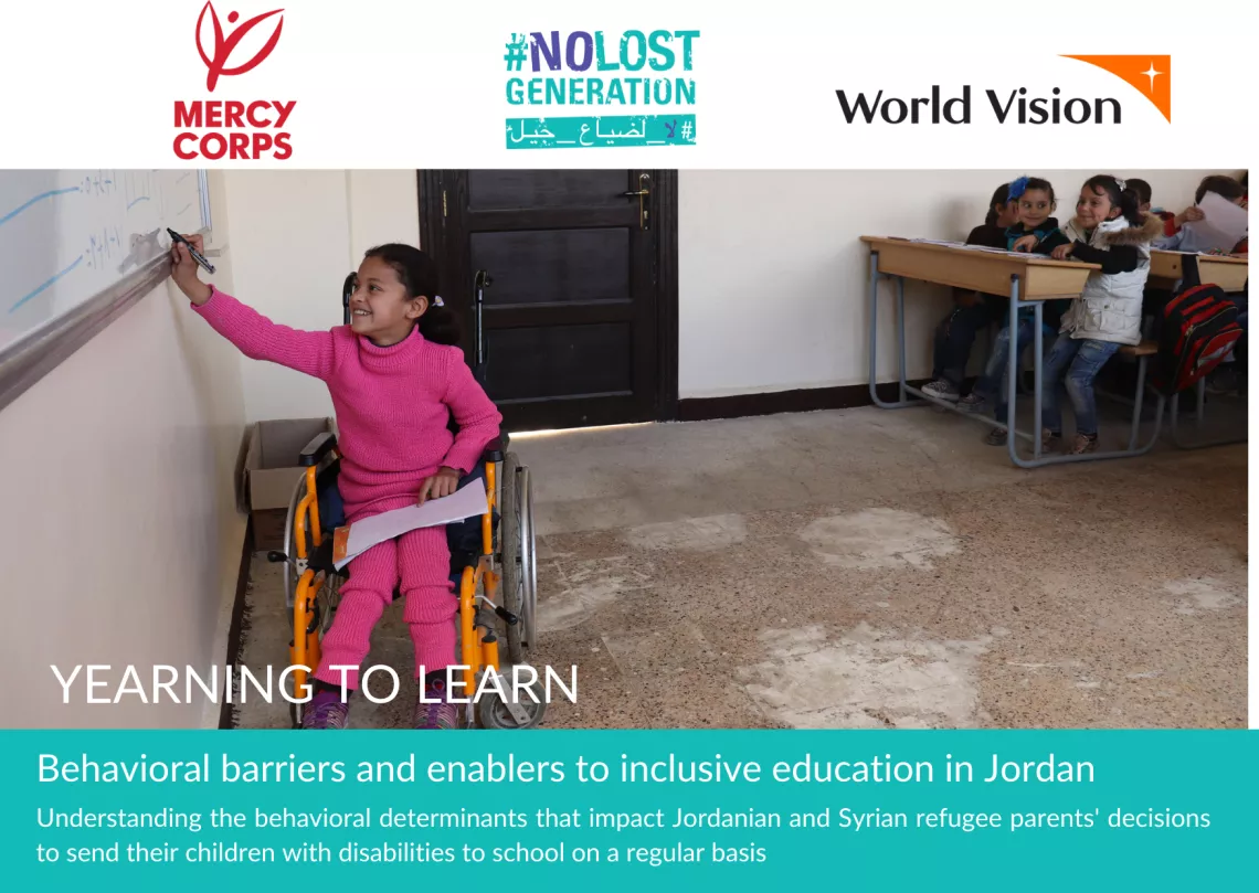 The visual includes logos of Mercy Corps, No Lost Generation and World Vision and a picture of a young girl in a wheelchair writing on a board in a classroom