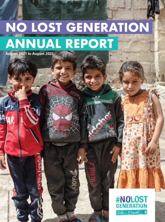 The cover shows a picture of three boys and a girl in a street, smiling at the camera. Above is the title "No Lost Generation Annual report" in both purple and water green rectangles. On the bottom right corner is the NLG logo.